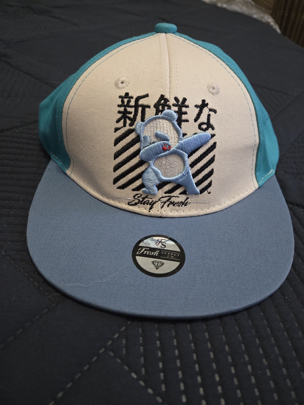 Stay Fresh Blue & Cream Embroidered Snapback Hat #403